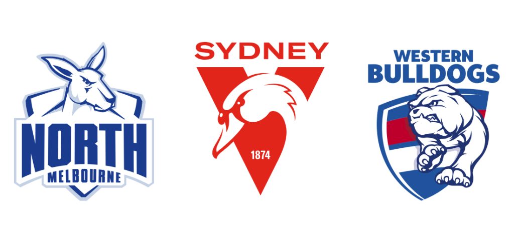 AFL logos for North Melbourne, The Sydney Swans and the Western Bulldogs.