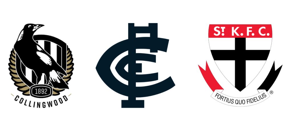 AFL logos for Collingwood, Carlton and the St Kilda.
